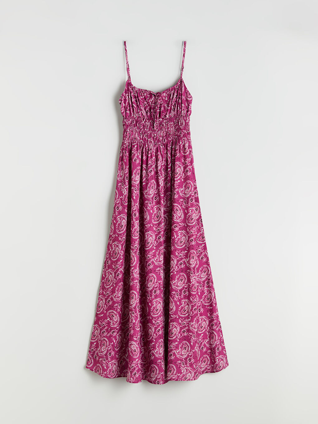 Fuşya Desenli Askılı Belden Oturtmalı Elbise-4