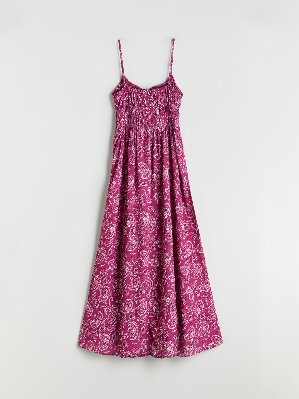 Fuşya Desenli Askılı Belden Oturtmalı Elbise-5