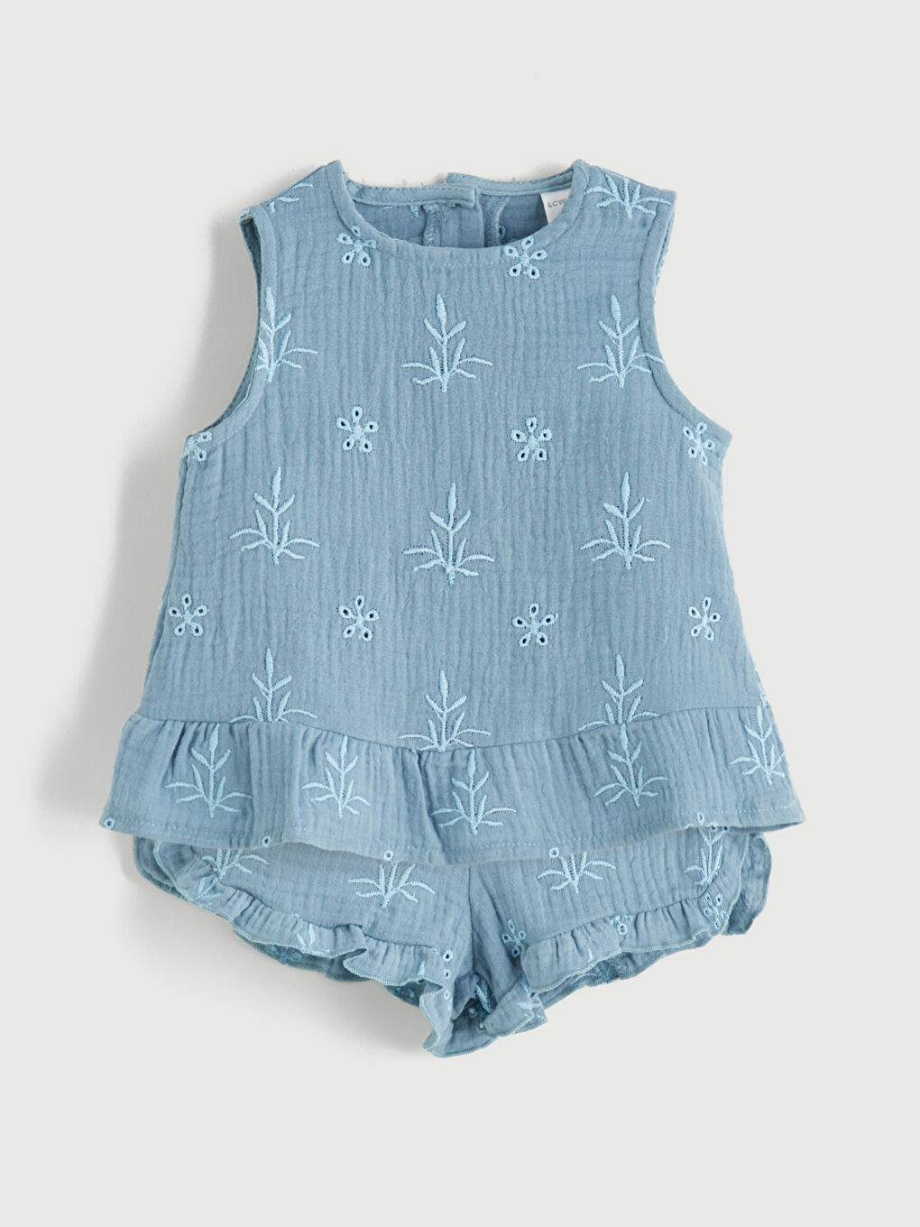 Mavi Nakışlı Kız Bebek Bluz ve Şort 2'li