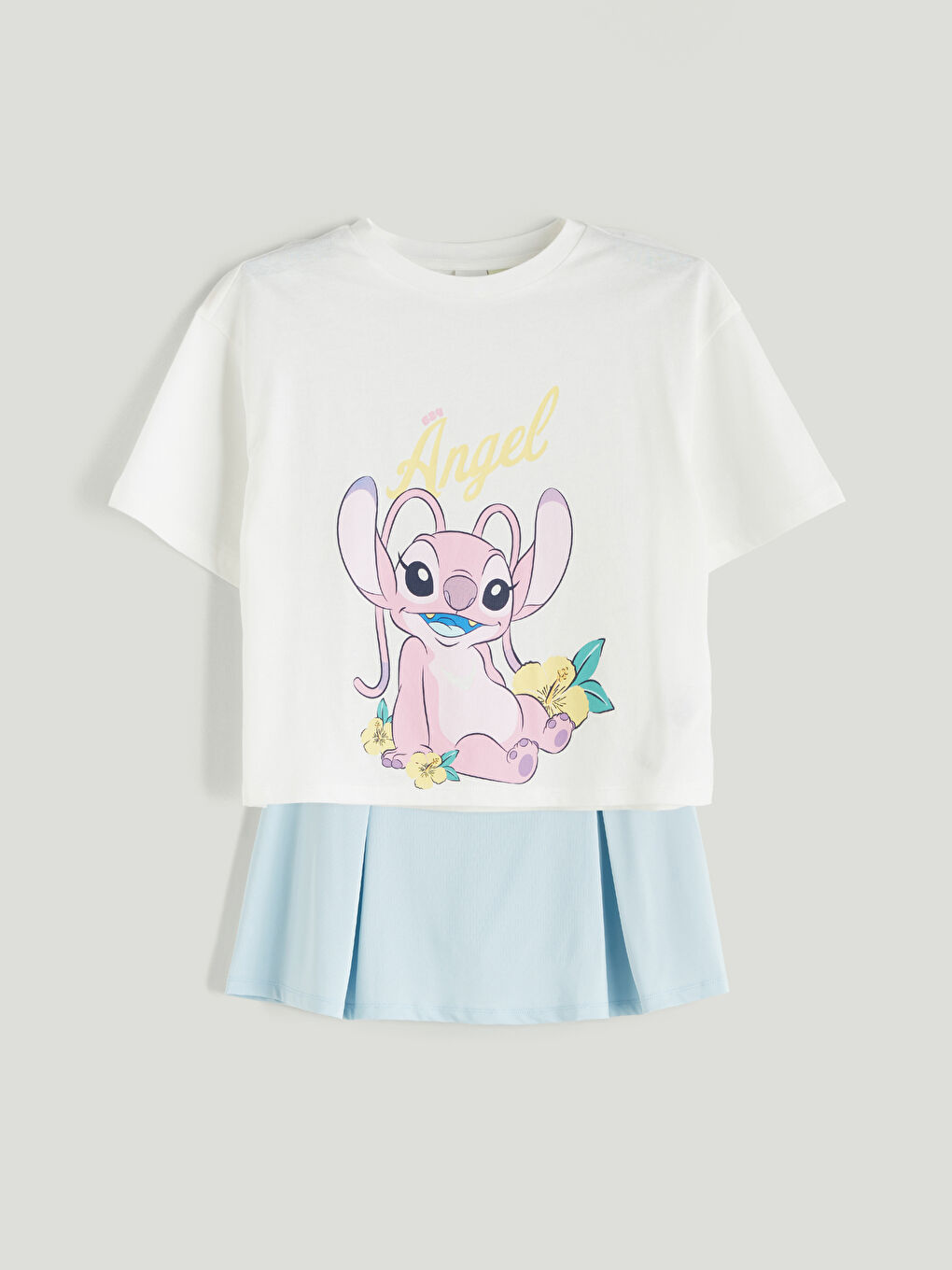 Mavi Bisiklet Yaka Angel Baskılı Kız Çocuk Tişört ve Etek