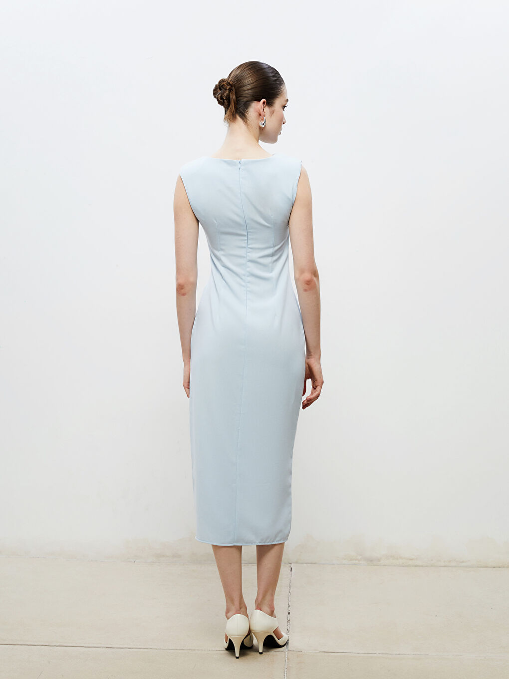 Mavi Bisiklet Yaka Büzgülü Elbise-3