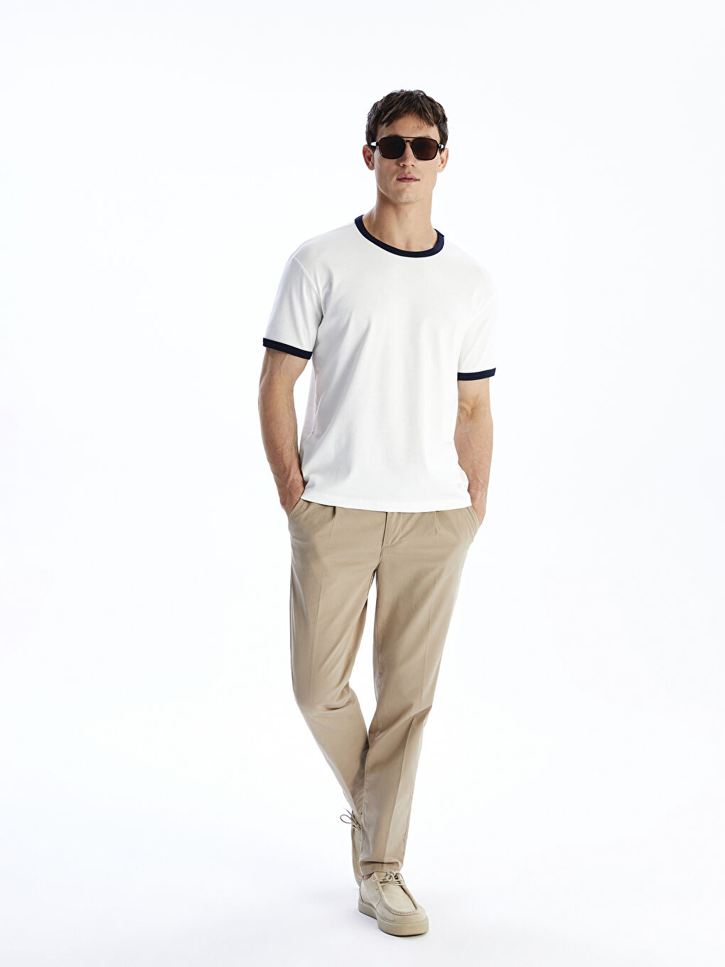 Ekru Bisiklet Yaka Penye Erkek Tişört-1