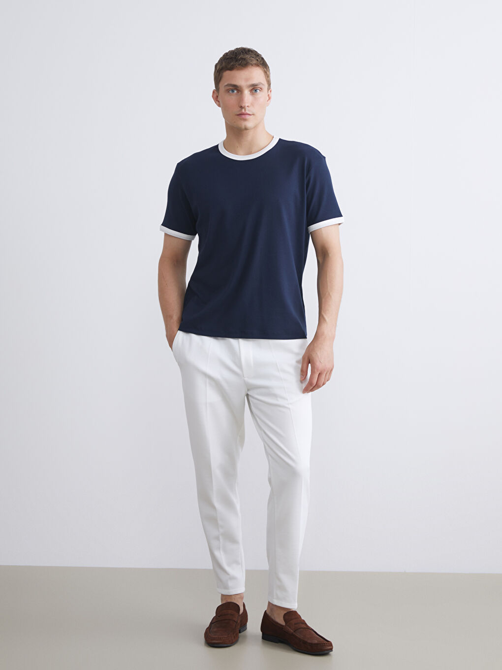 Lacivert Bisiklet Yaka Penye Erkek Tişört-1