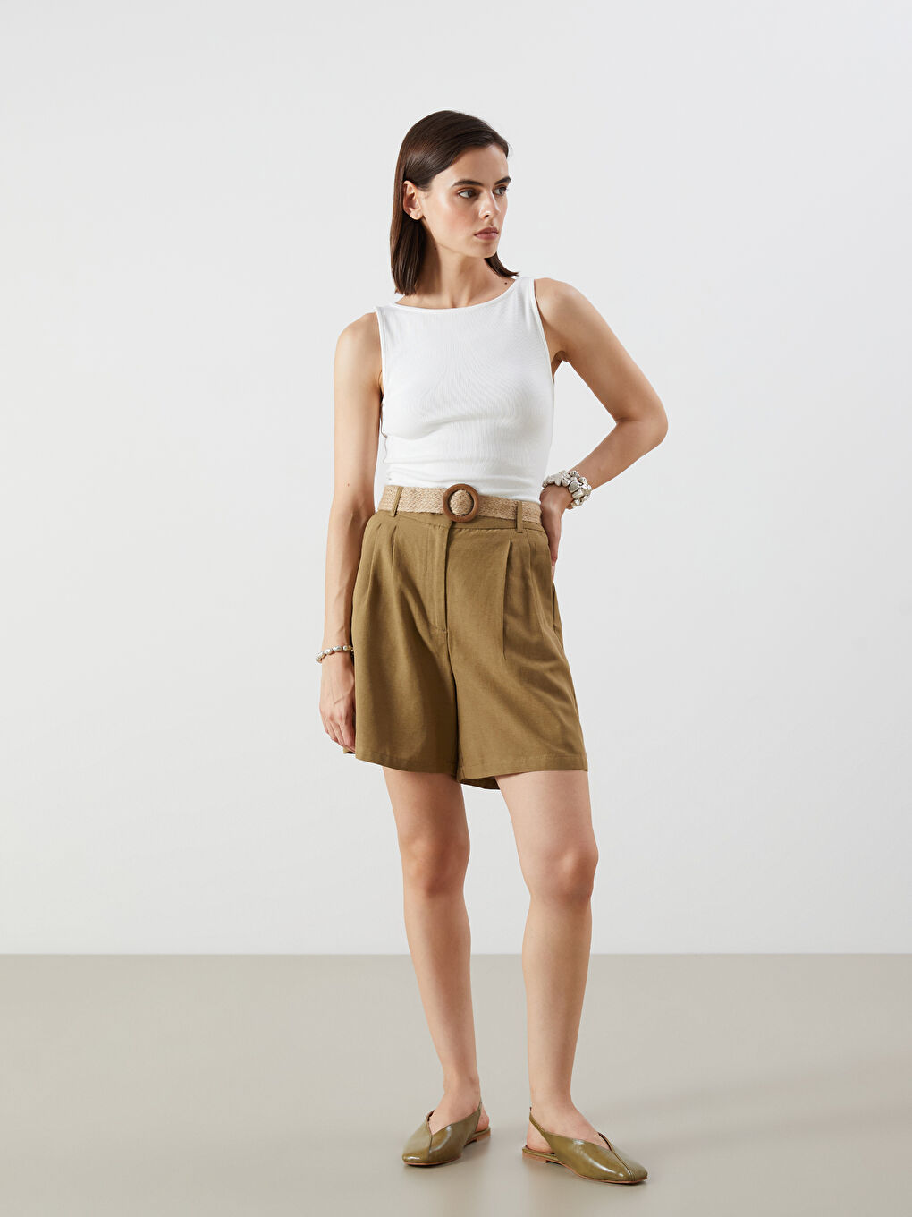 LCW Vision Waist Belted Linen Blend Women's Shorts -S5RH84Z8-Z3V