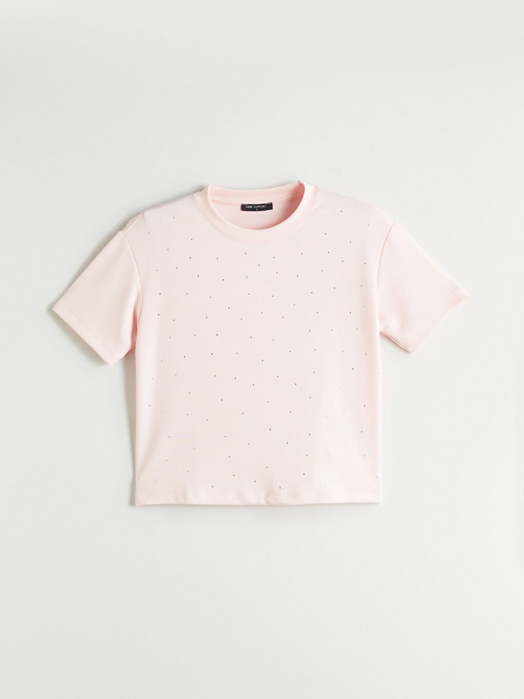 Pembe Bisiklet Yaka Taşlı Kadın Tişört-4