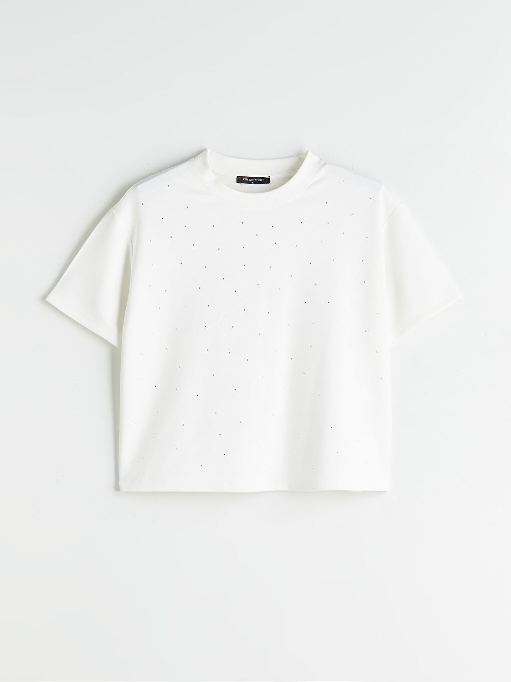 Ekru Bisiklet Yaka Taşlı Kadın Tişört-4