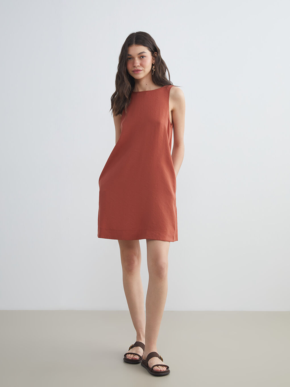 Turuncu V Yaka Modal Karışımlı Elbise-1