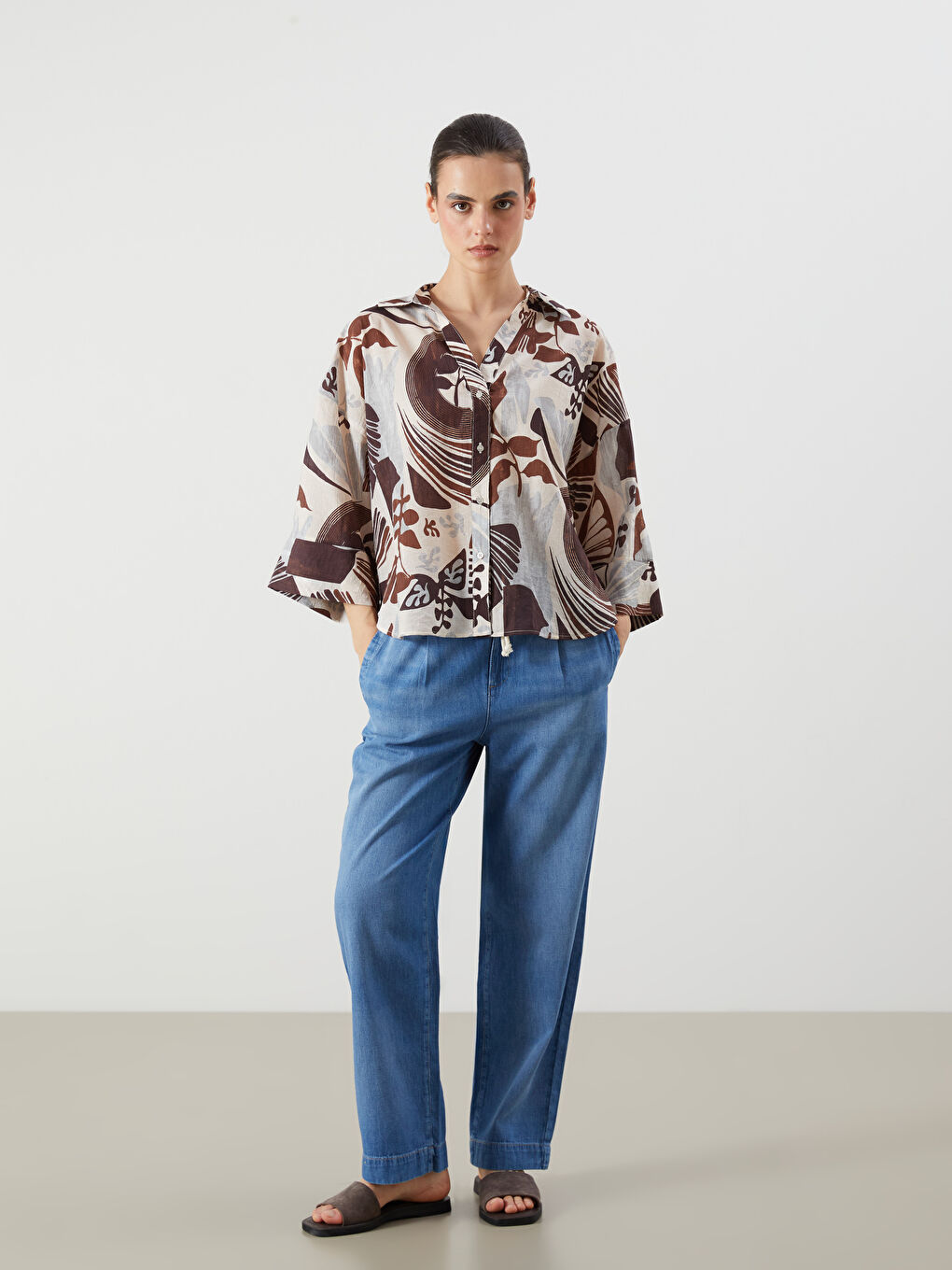 Kahverengi Desenli Oversize Kadın Gömlek-1