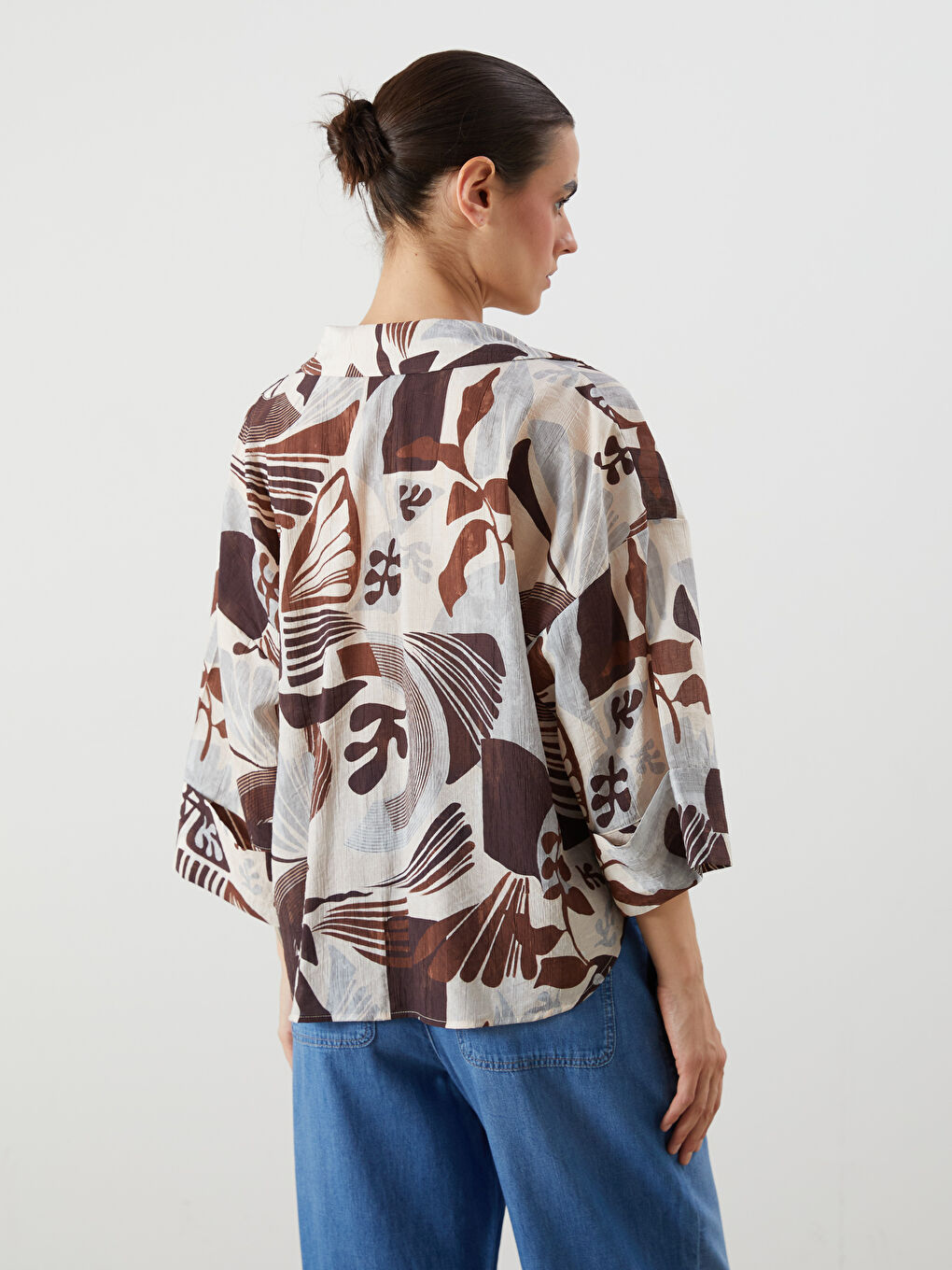 Kahverengi Desenli Oversize Kadın Gömlek-3