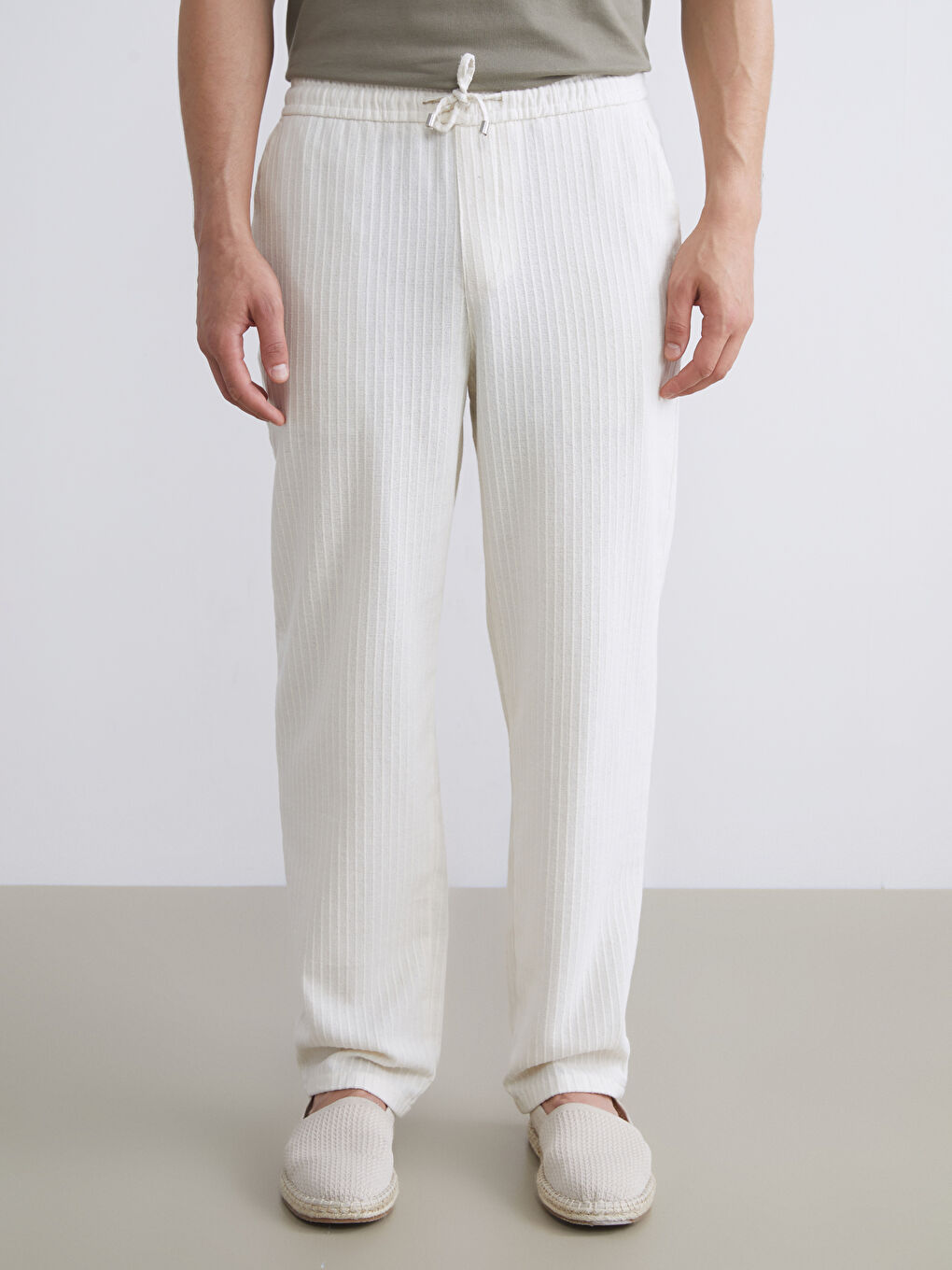 Ekru Standart Kalıp Keten Görünümlü Erkek Pantolon-1