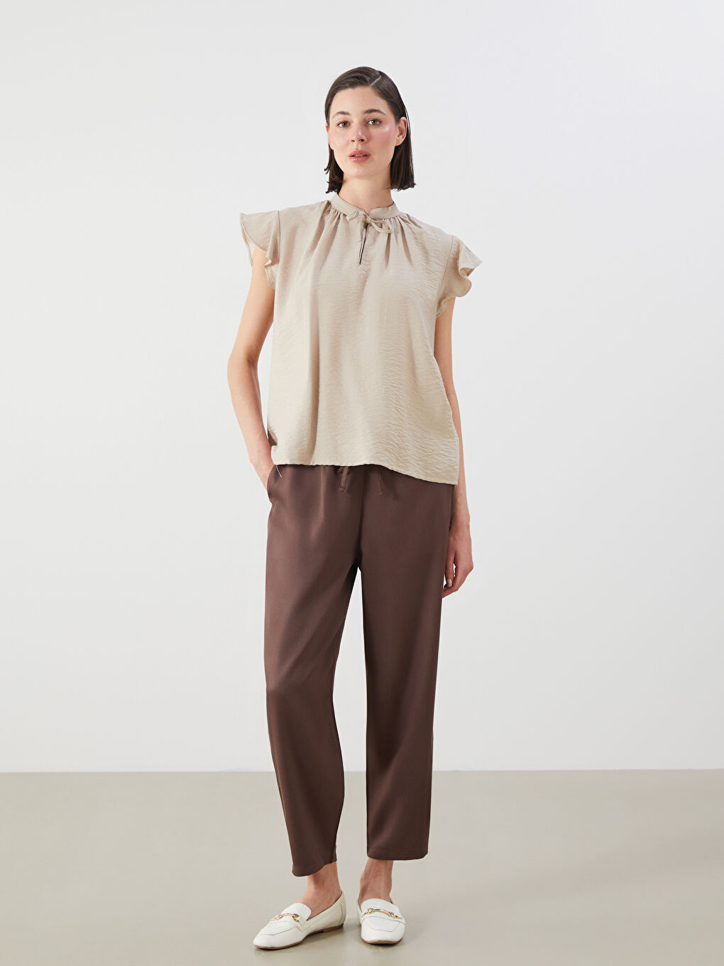 Kahverengi Beli Lastikli Havuç Kesim Kadın Pantolon