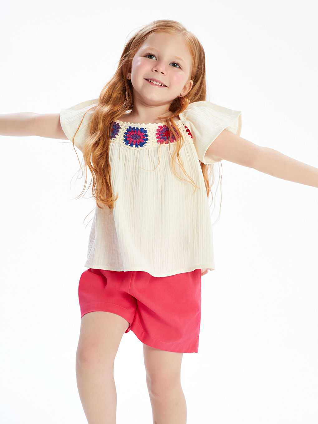 بلوزة مُزهر مُطرزة للبنات وتنورة قصيرة 2 قطعة-2