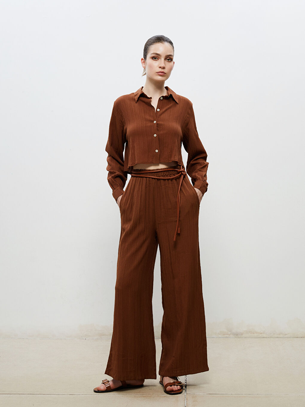 Elasticated Waist Textured Wide Leg Women's Trousers -S5RJ50Z8-J0W