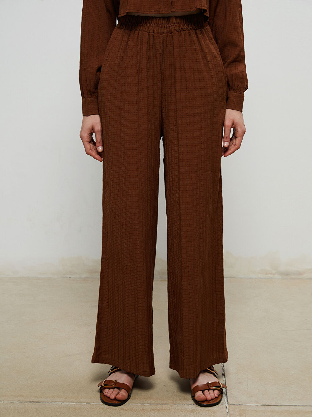 Elasticated Waist Textured Wide Leg Women's Trousers -S5RJ50Z8-J0W