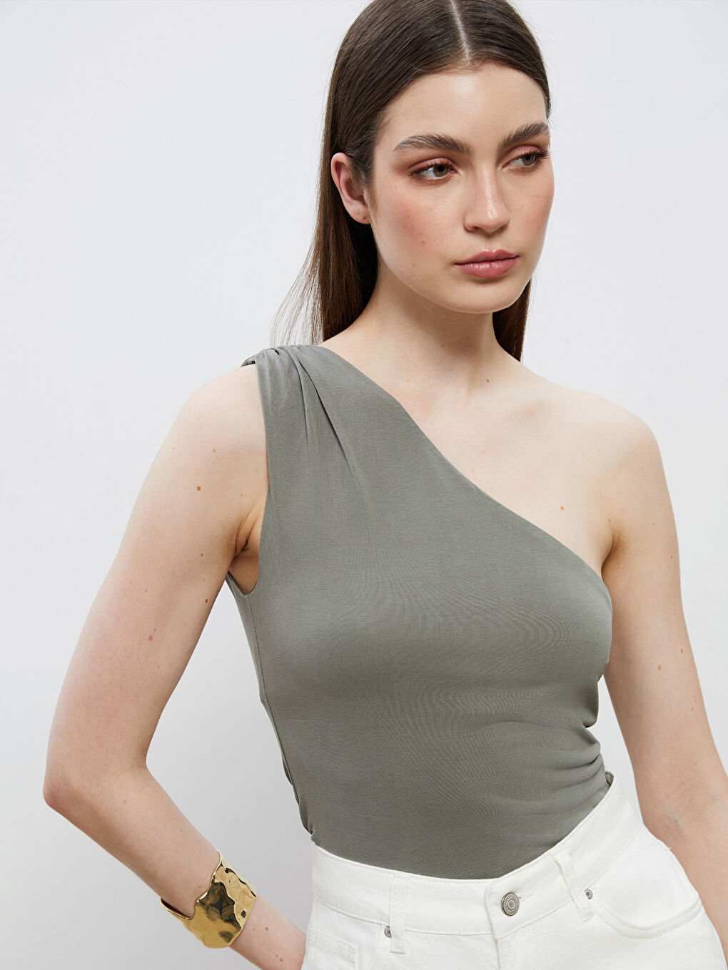 Haki Tek Omuz Modal Karışımlı Bluz