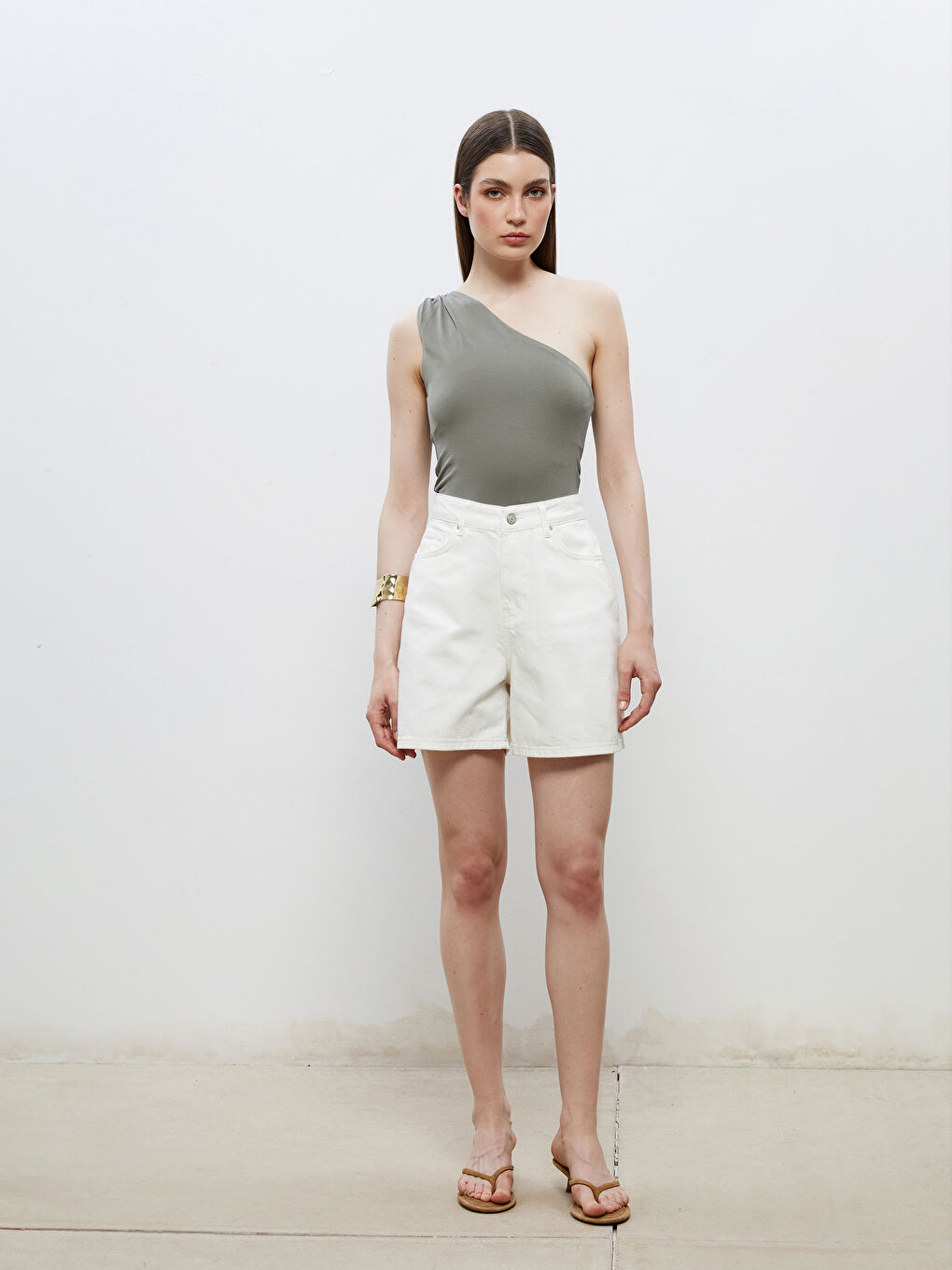 Haki Tek Omuz Modal Karışımlı Bluz-1