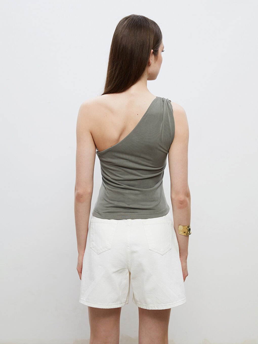 Haki Tek Omuz Modal Karışımlı Bluz-3