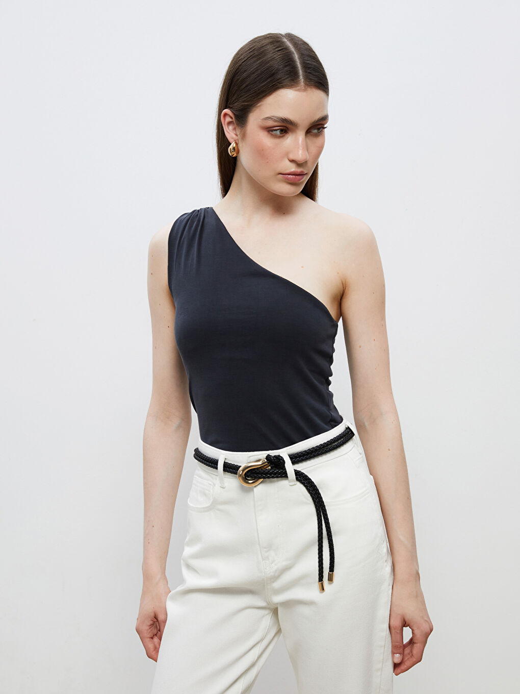 Siyah Tek Omuz Modal Karışımlı Bluz