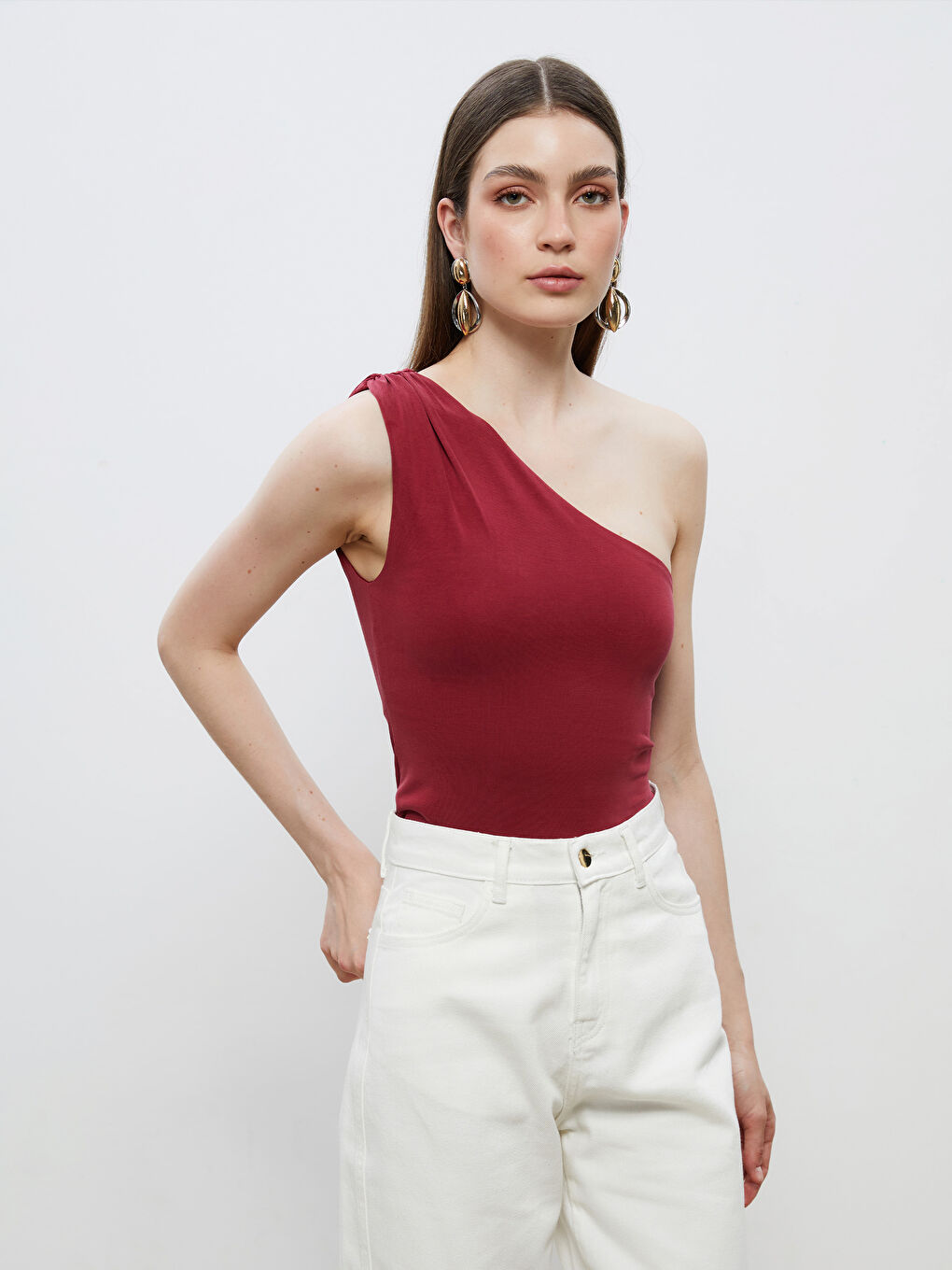 Bordo Tek Omuz Modal Karışımlı Bluz