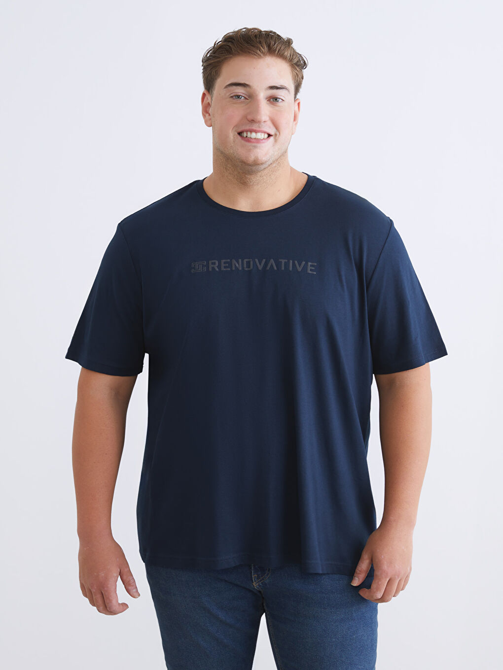 Lacivert Büyük Beden Bisiklet Yaka Baskılı Penye Erkek Tişört