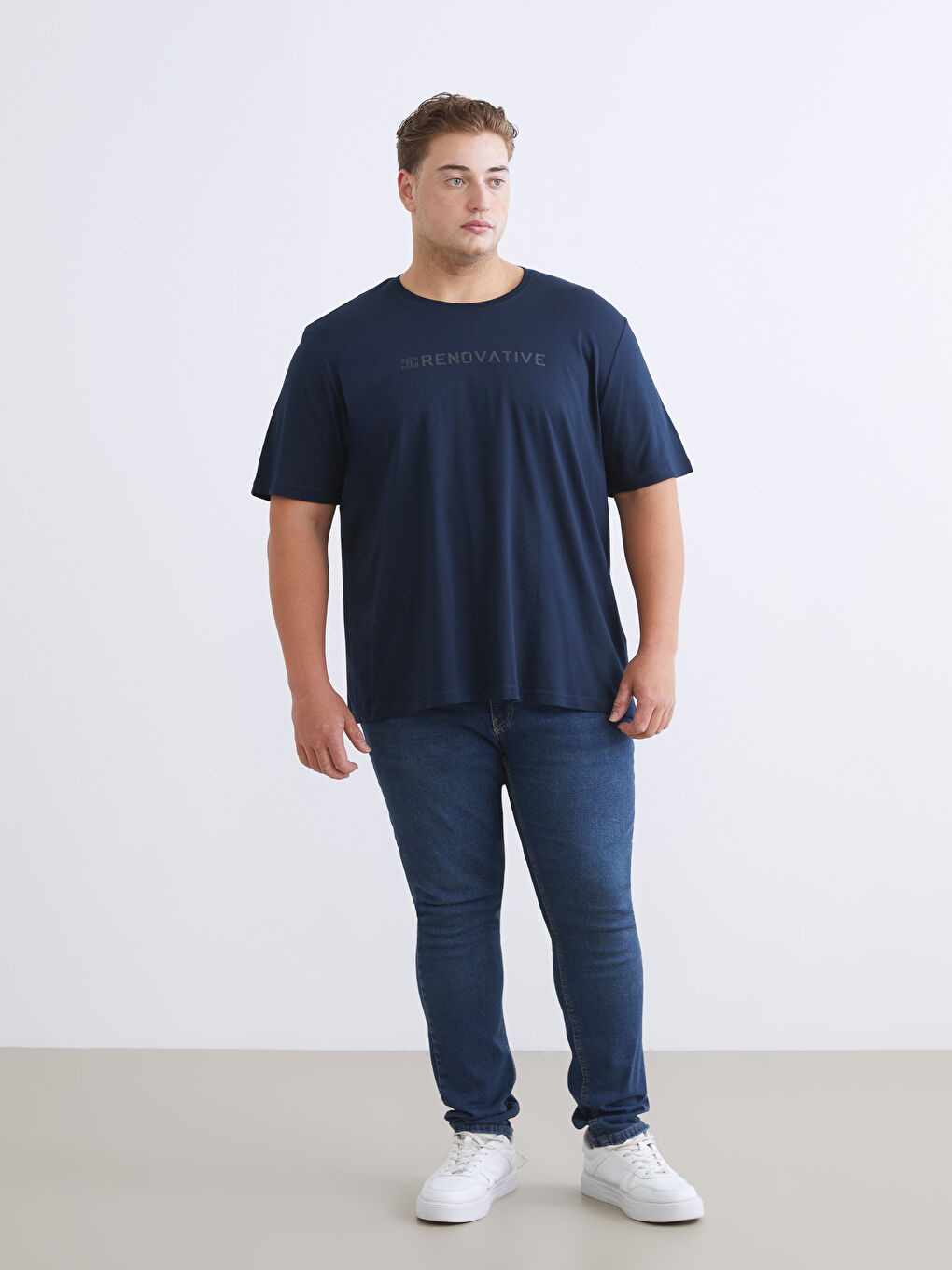 Lacivert Büyük Beden Bisiklet Yaka Baskılı Penye Erkek Tişört-1