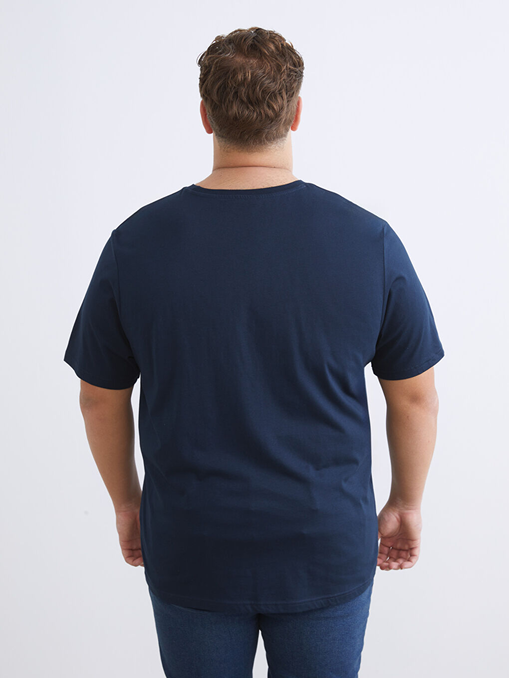 Lacivert Büyük Beden Bisiklet Yaka Baskılı Penye Erkek Tişört-3