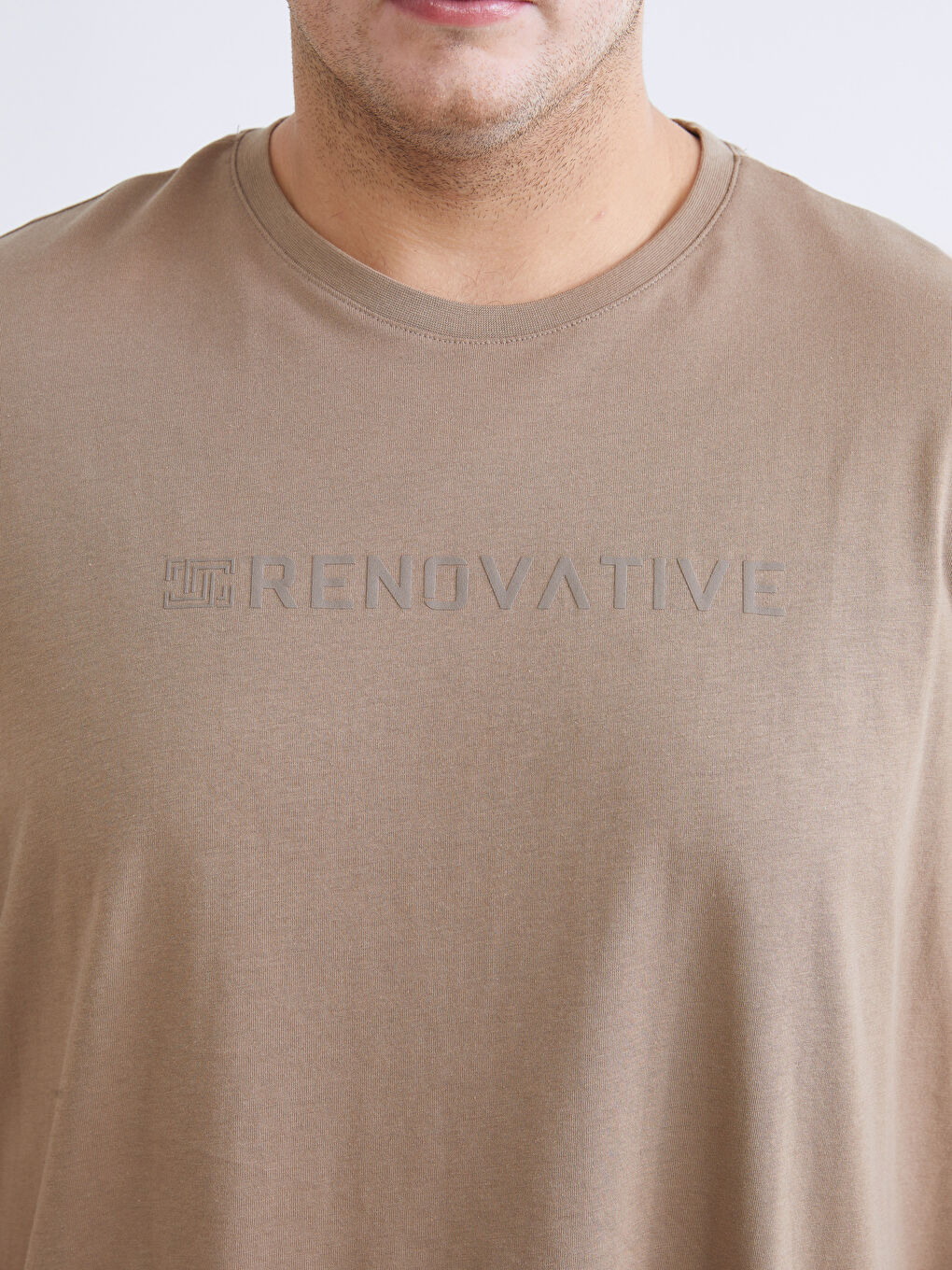 Kahverengi Büyük Beden Bisiklet Yaka Baskılı Penye Erkek Tişört-2