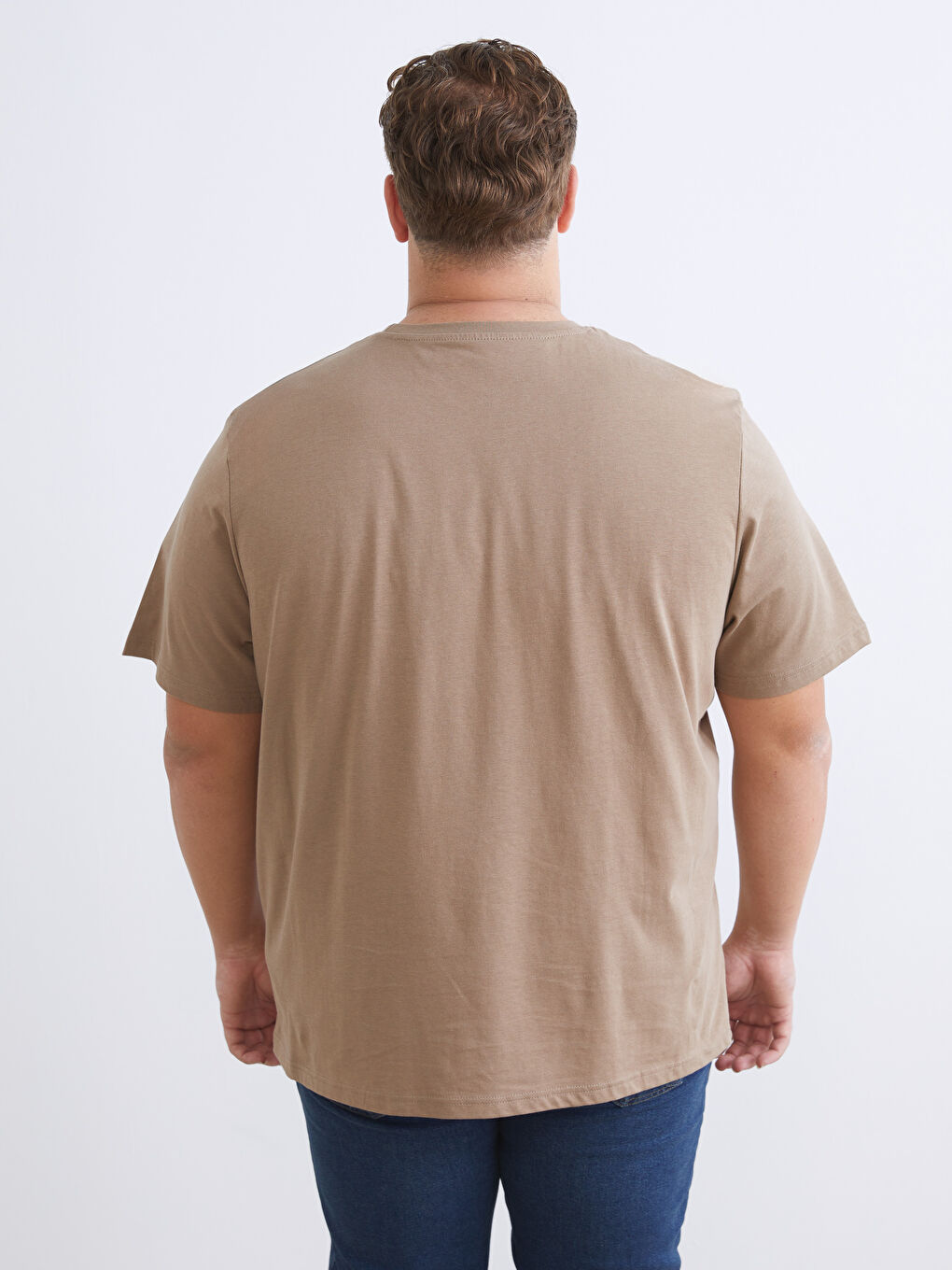 Kahverengi Büyük Beden Bisiklet Yaka Baskılı Penye Erkek Tişört-3