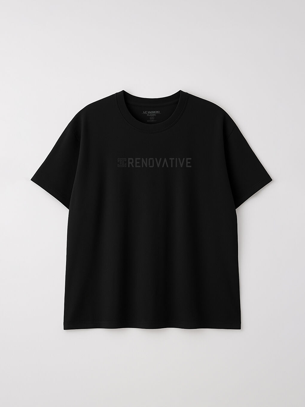 Siyah Büyük Beden Bisiklet Yaka Baskılı Penye Erkek Tişört