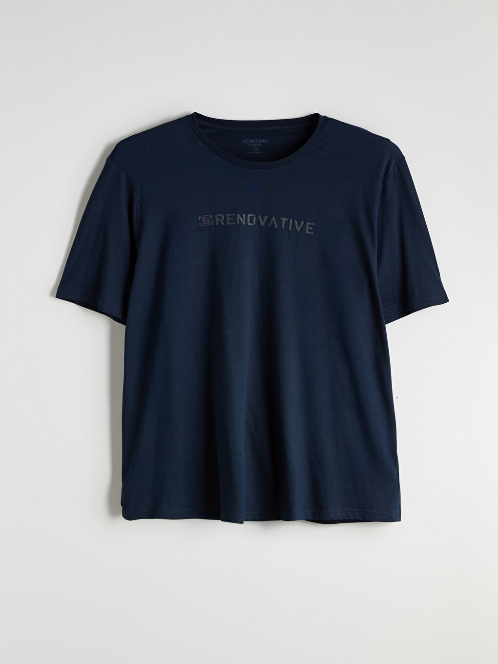 Lacivert Büyük Beden Bisiklet Yaka Baskılı Penye Erkek Tişört-4