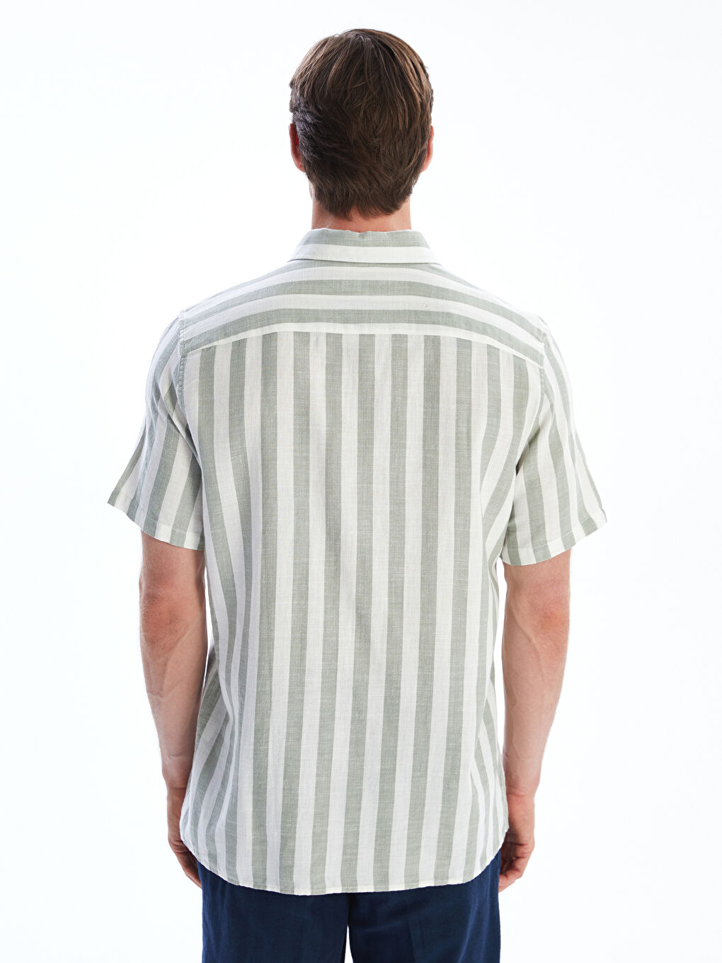 Yeşil Regular Fit Kısa Kollu Çizgili Armürlü Erkek Gömlek-3