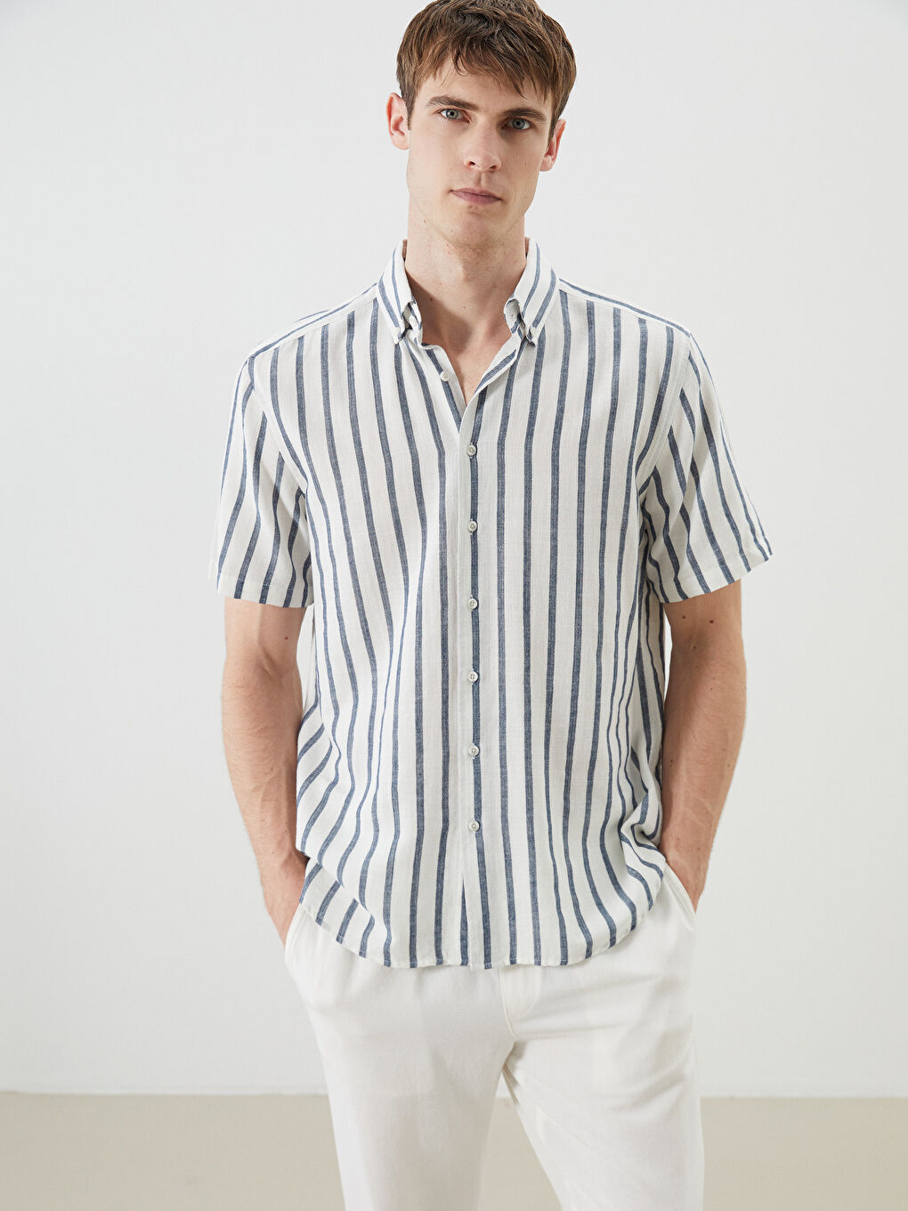 Lacivert Regular Fit Kısa Kollu Çizgili Armürlü Erkek Gömlek