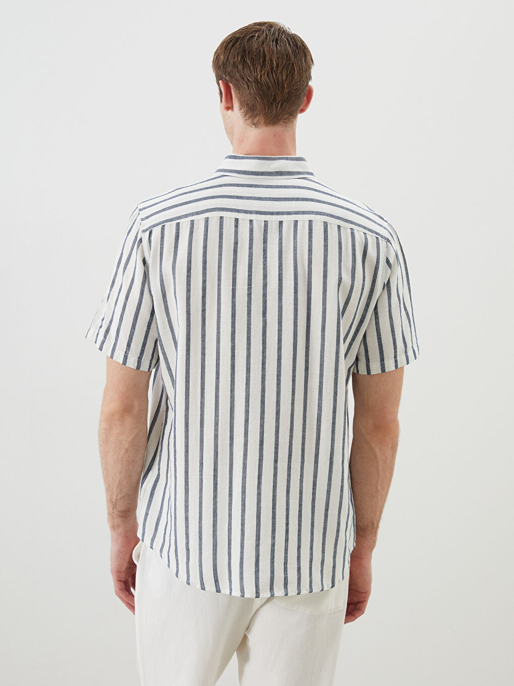 Lacivert Regular Fit Kısa Kollu Çizgili Armürlü Erkek Gömlek-3