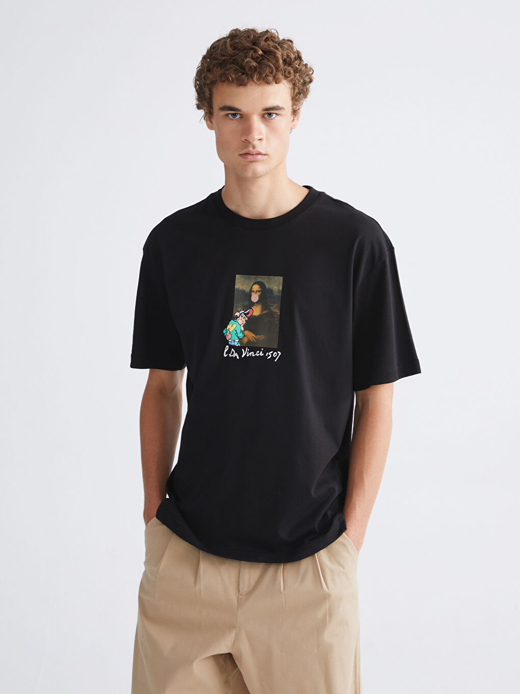 Siyah Bisiklet Yaka Nostaljik Maymun Baskılı Penye Erkek Tişört