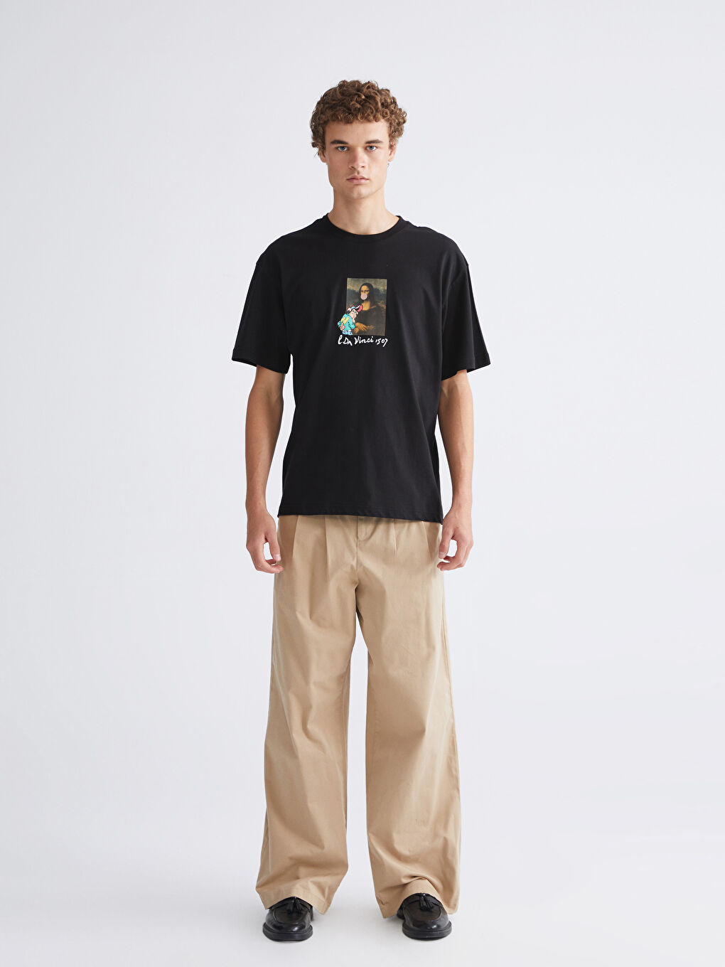 Siyah Bisiklet Yaka Nostaljik Maymun Baskılı Penye Erkek Tişört-1