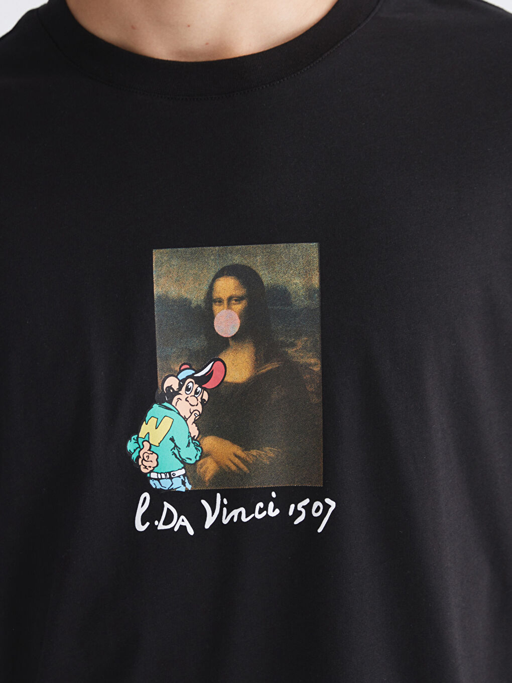 Siyah Bisiklet Yaka Nostaljik Maymun Baskılı Penye Erkek Tişört-2