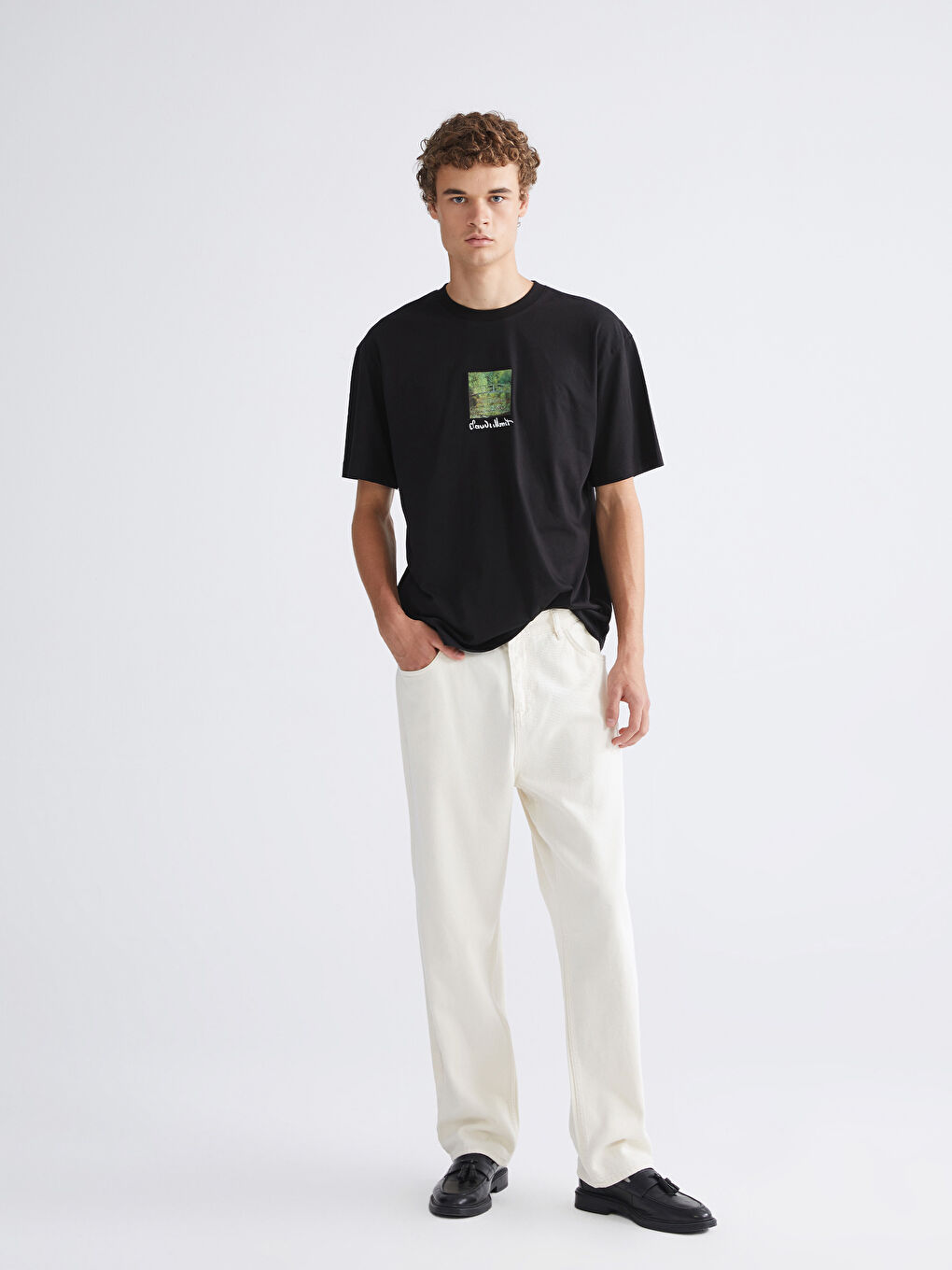 Siyah Bisiklet Yaka Nostaljik Maymun Baskılı Penye Erkek Tişört-1