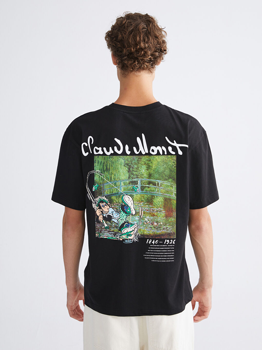 Siyah Bisiklet Yaka Nostaljik Maymun Baskılı Penye Erkek Tişört-3