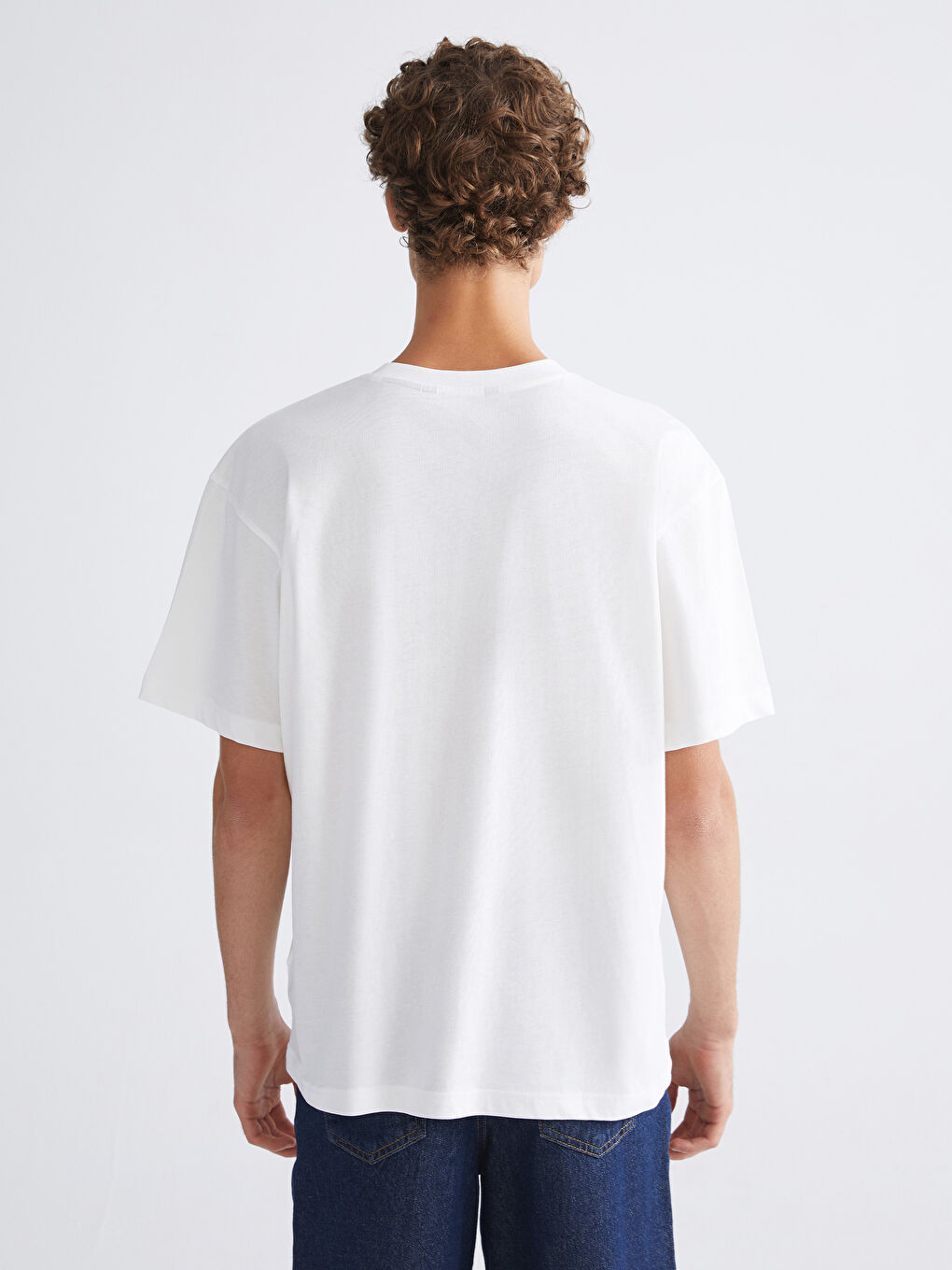 Ekru Bisiklet Yaka Baskılı Penye Erkek Tişört-3