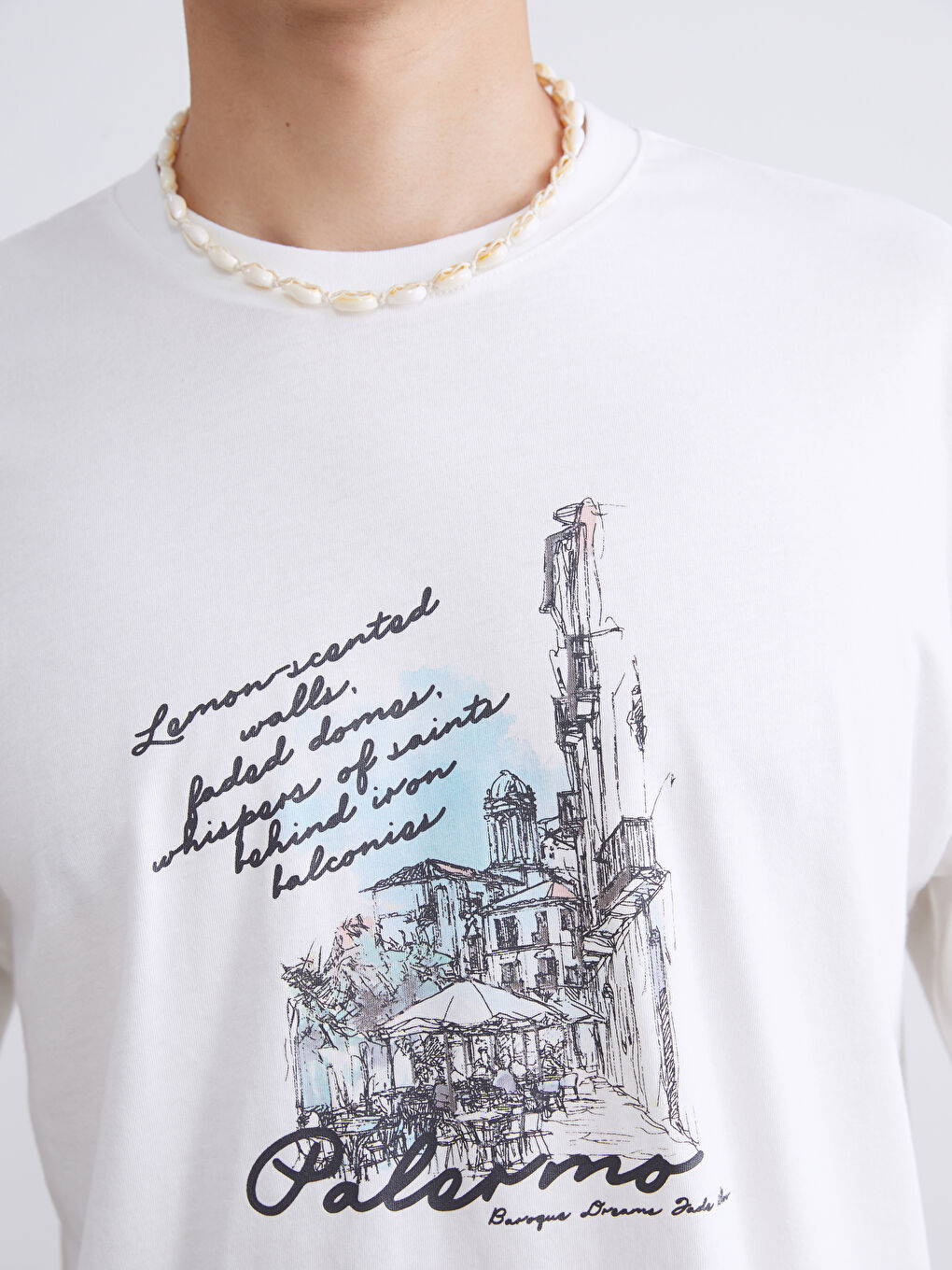 Ekru Bisiklet Yaka Baskılı Penye Erkek Tişört-2