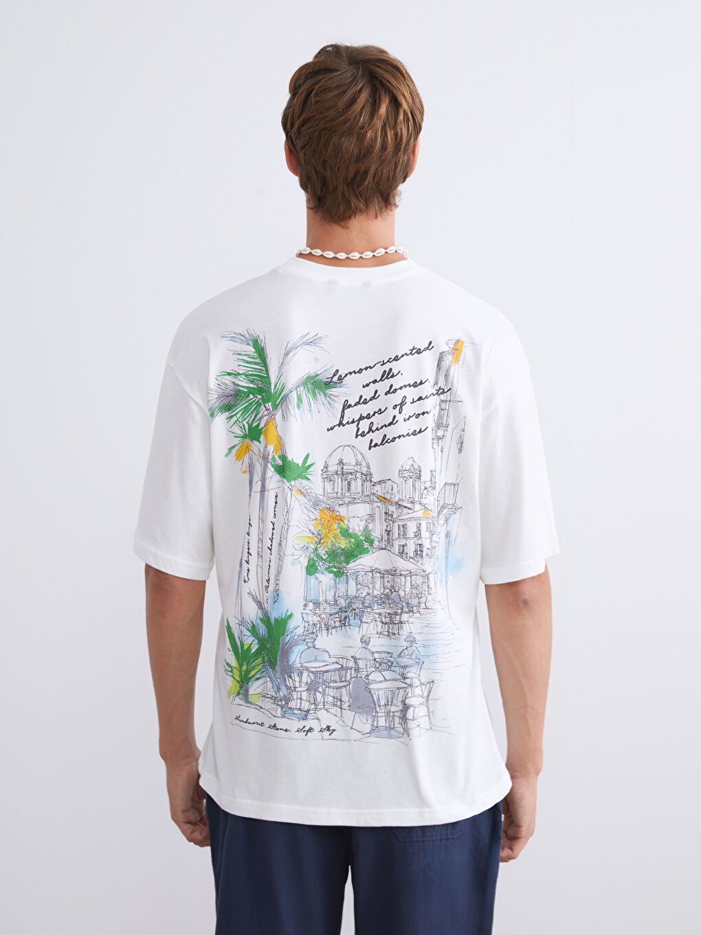 Ekru Bisiklet Yaka Baskılı Penye Erkek Tişört-3