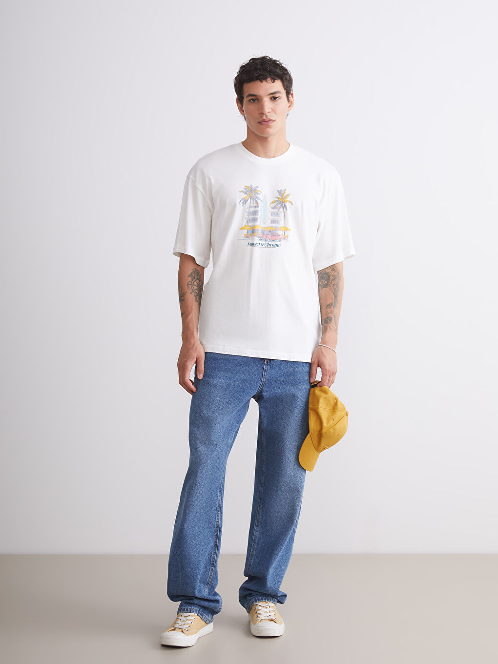 Ekru Bisiklet Yaka Baskılı Penye Erkek Tişört-1