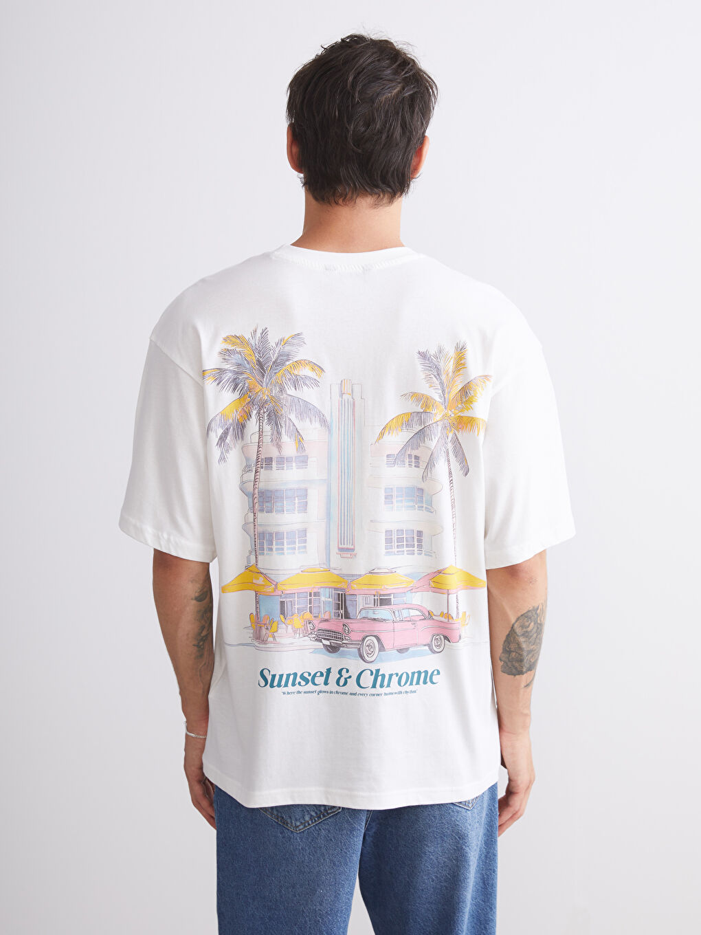 Ekru Bisiklet Yaka Baskılı Penye Erkek Tişört-3