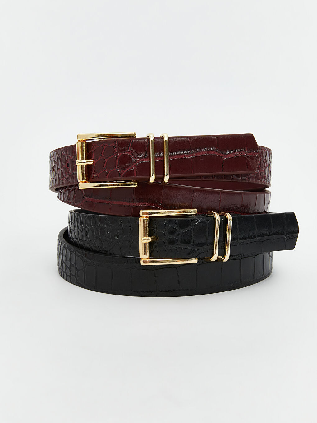 Bordo Deri Görünümlü Kroko Desenli Kadın Kemer 2'li