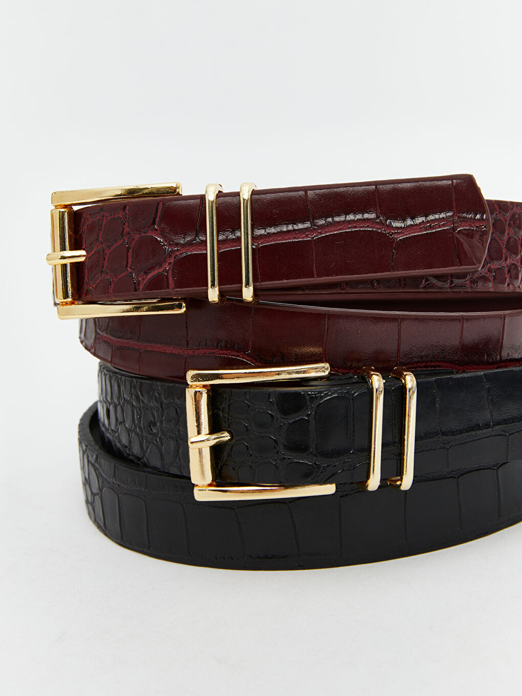 Bordo Deri Görünümlü Kroko Desenli Kadın Kemer 2'li-3