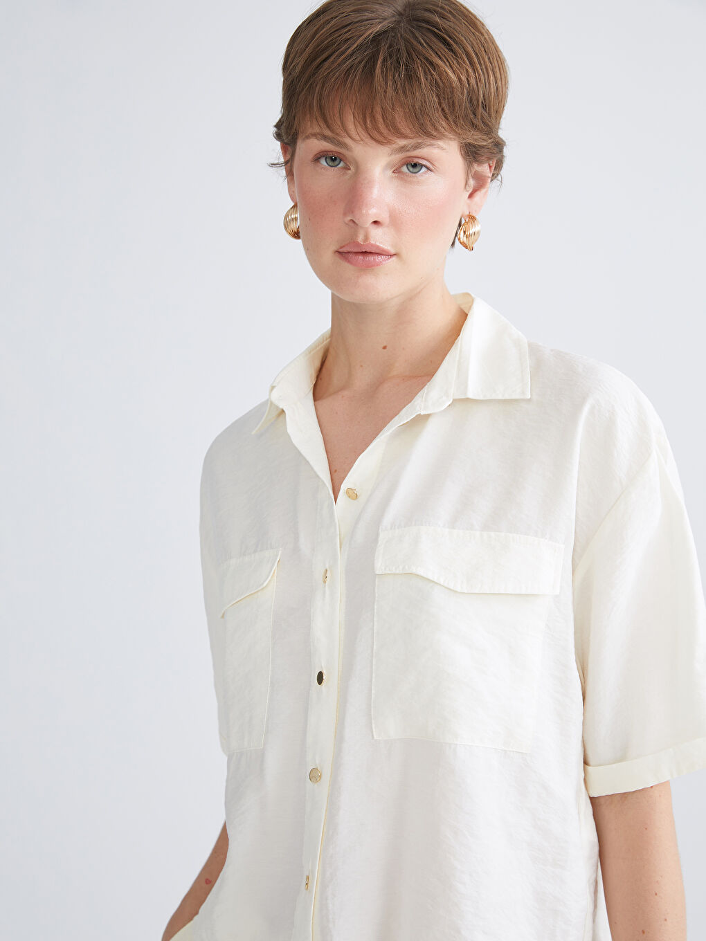 Ekru Modal Karışımlı Kadın Gömlek-1