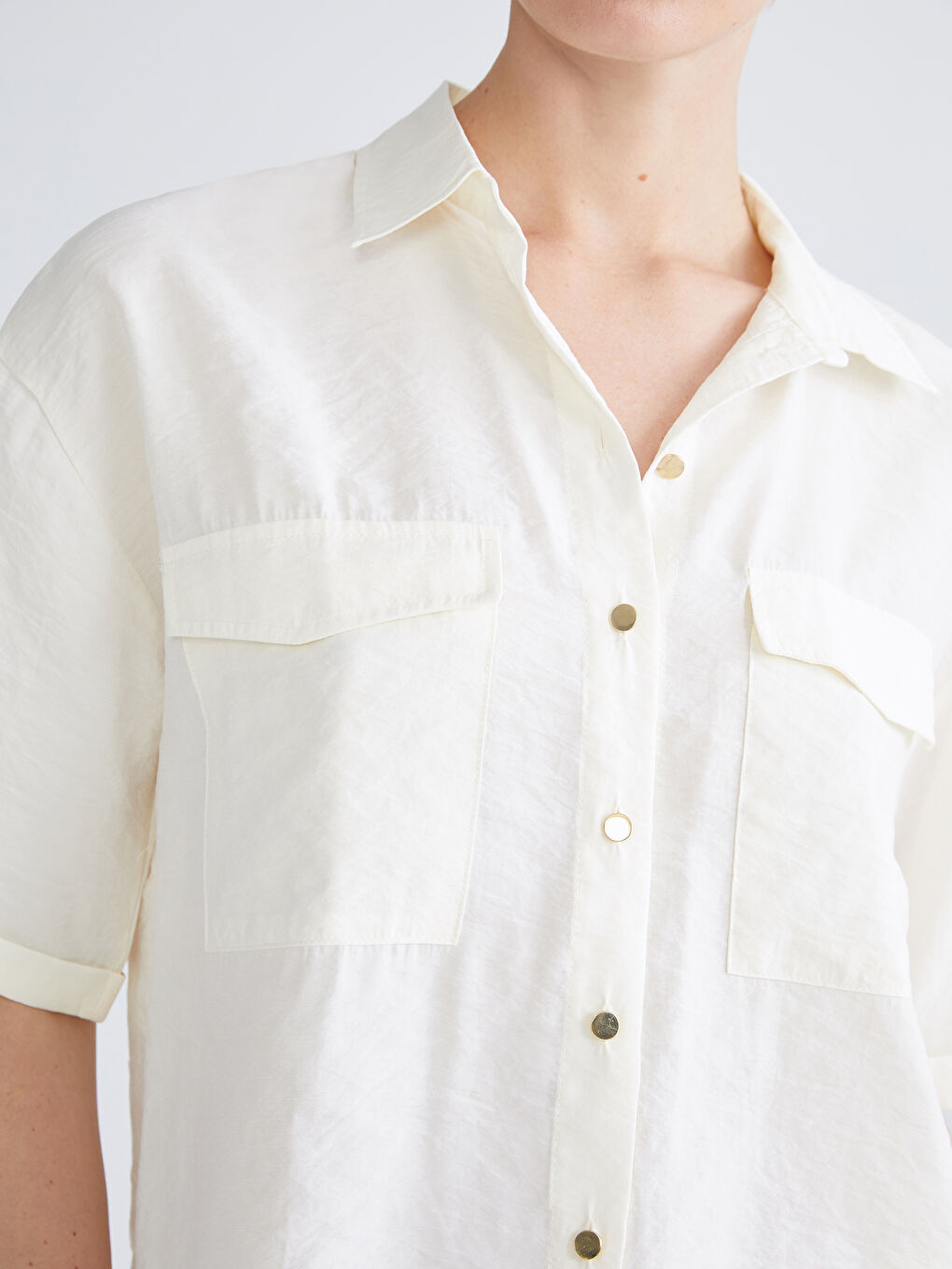 Ekru Modal Karışımlı Kadın Gömlek-5