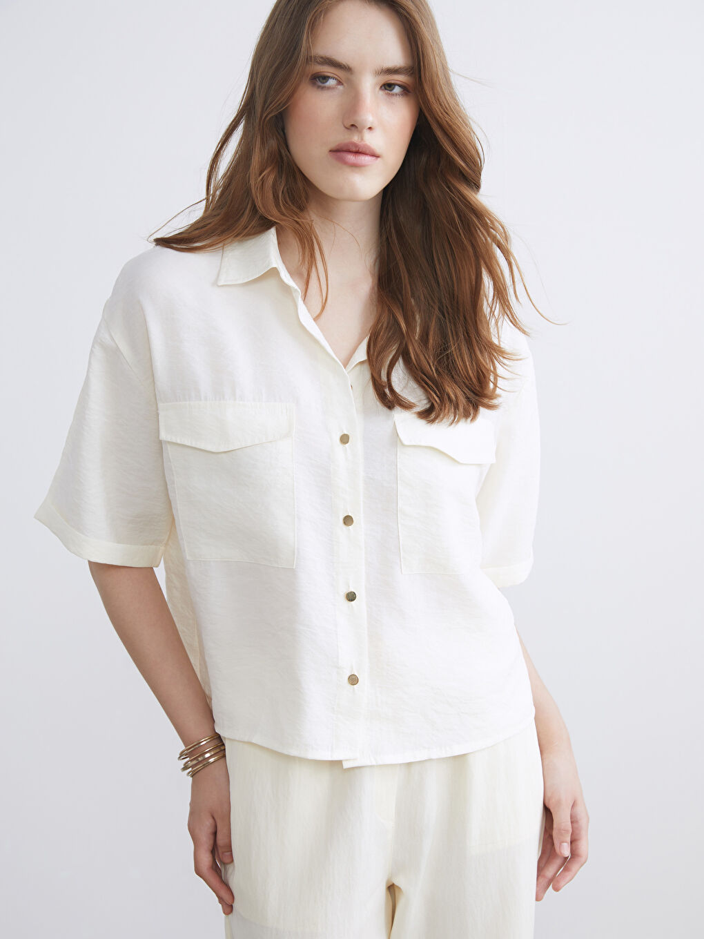 Ekru Modal Karışımlı Kadın Gömlek-2