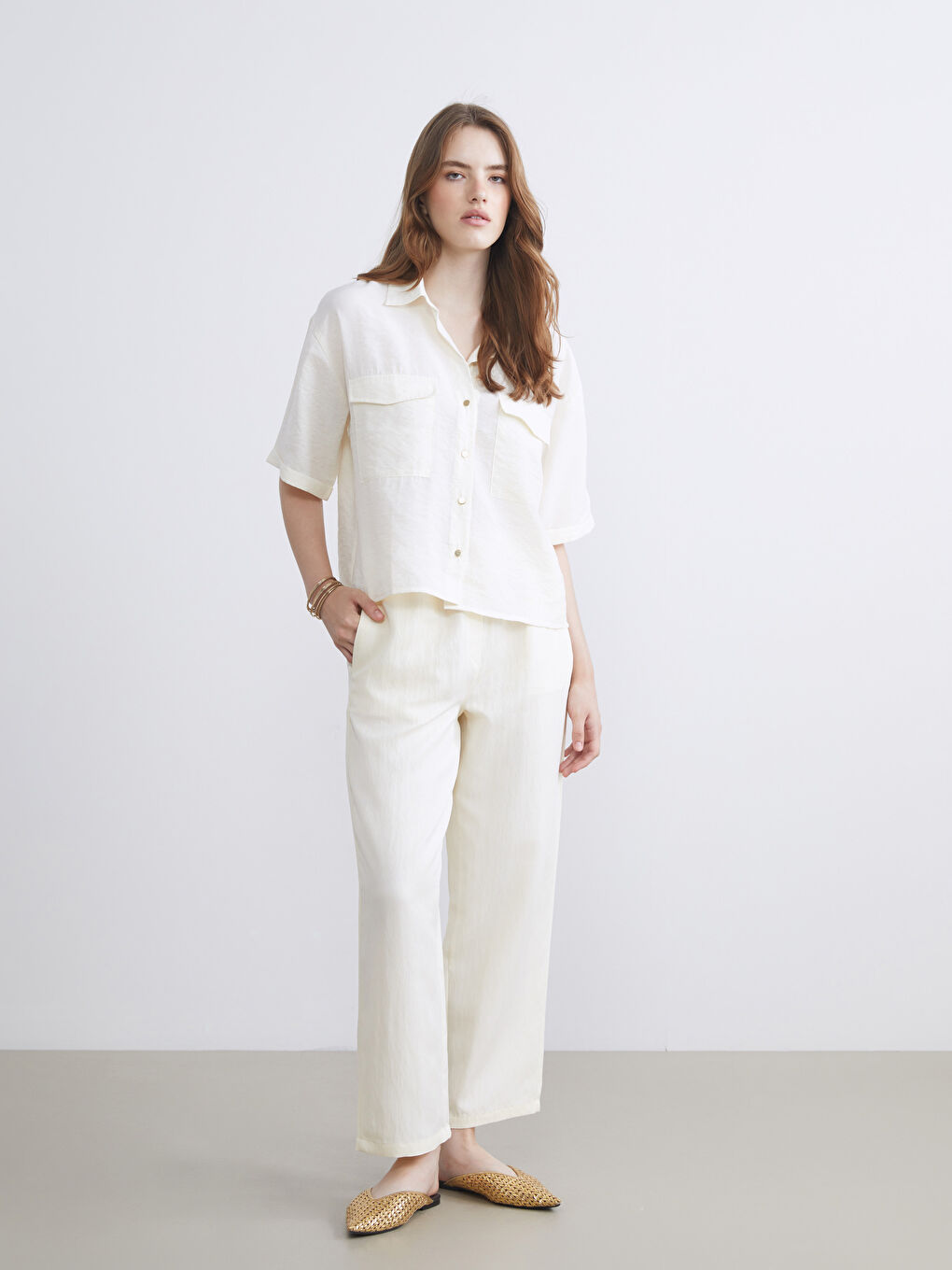 Ekru Modal Karışımlı Kadın Gömlek-4