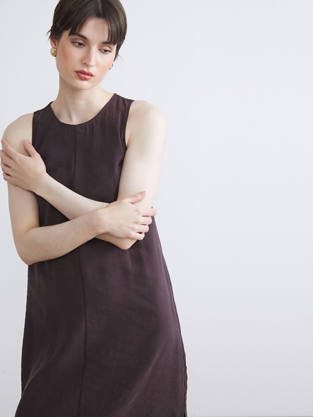 Kahverengi Bisiklet Yaka Modal Karışımlı Elbise-1